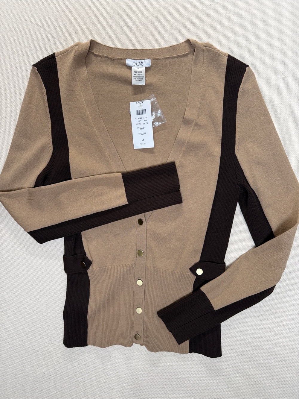 Cache Two-Tone Tan & Dark Brown V-Neck Button Cardigan Size M